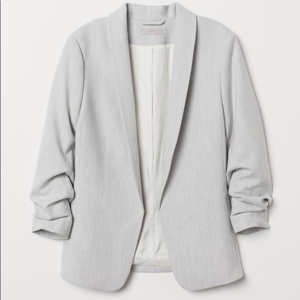 H&M Shawl-Collar Jacket, Light Grey Woven Open Blazer Jacket With Ruched Sleeves
